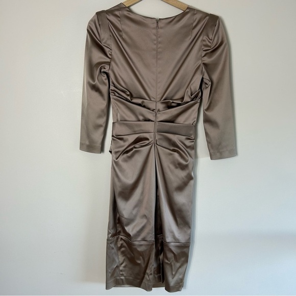 Talbot Runhof Beige Satin Cocktail Dress 3/4 Sleeve Size 4 - Picture 5 of 11